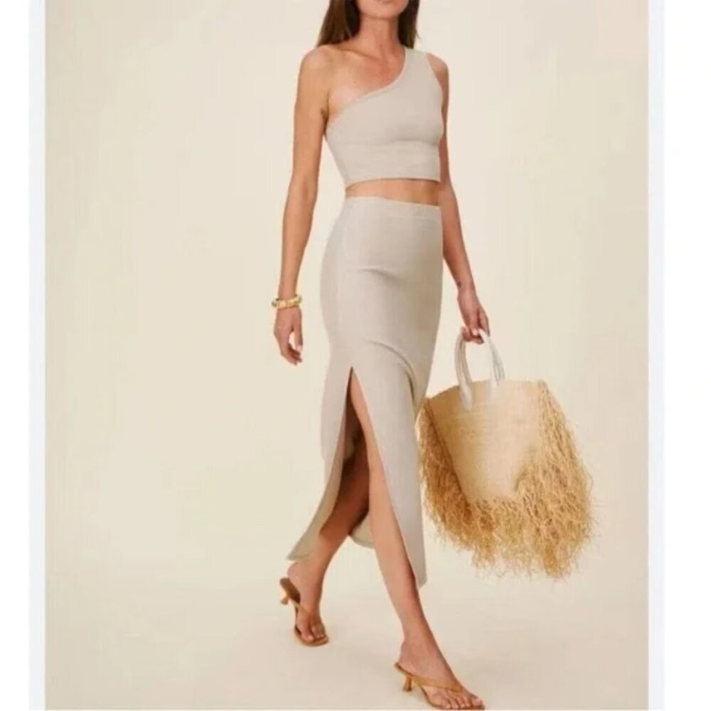 Reformation Skirt Women's M Taupe Rib Knit Side Slit Stretch Maxi Minimalist